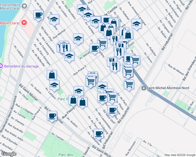 map of restaurants, bars, coffee shops, grocery stores, and more near 10382 Avenue Plaza in Montréal