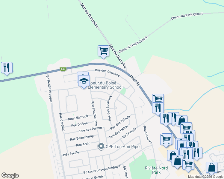 map of restaurants, bars, coffee shops, grocery stores, and more near 858 Rue des Bouleaux in Saint-Eustache