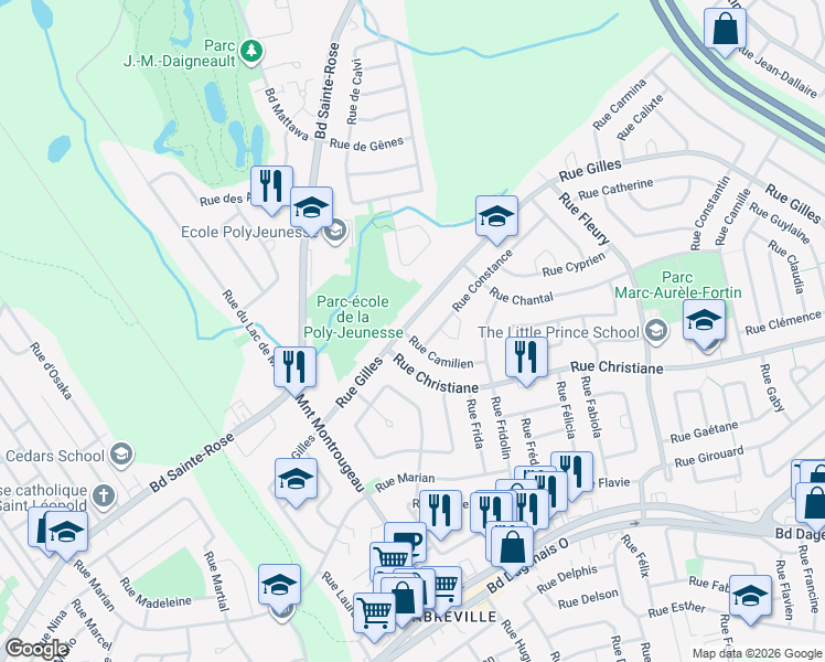 map of restaurants, bars, coffee shops, grocery stores, and more near 3475 Rue Camilien in Laval