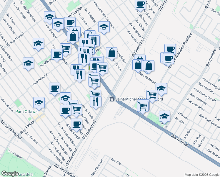map of restaurants, bars, coffee shops, grocery stores, and more near 10011 Boulevard Pie-IX in Montréal
