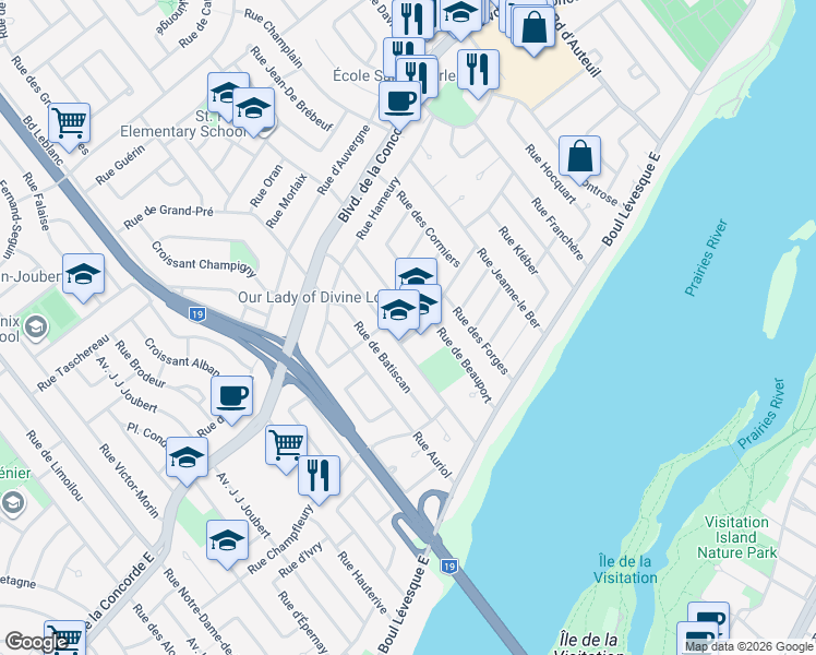 map of restaurants, bars, coffee shops, grocery stores, and more near Rue de Rosemère in Laval
