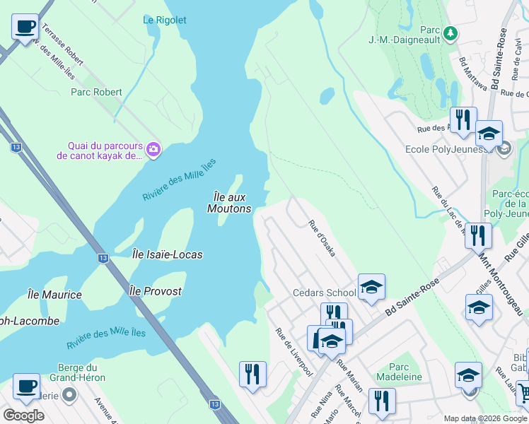 map of restaurants, bars, coffee shops, grocery stores, and more near 1145 Rue de Gibraltar in Laval