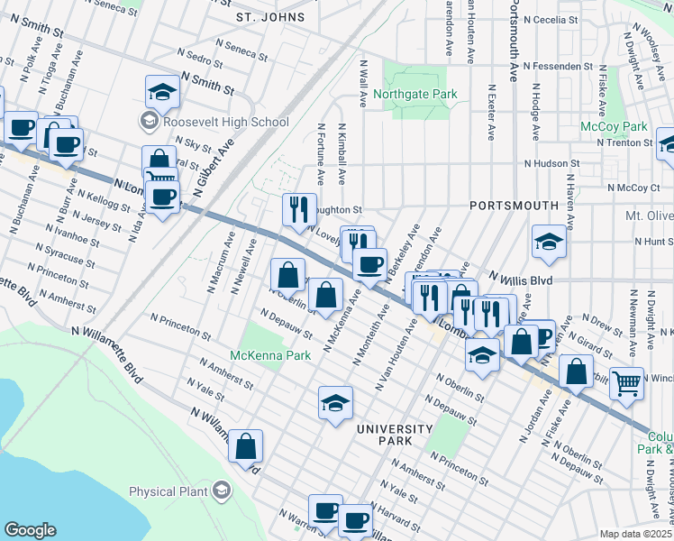map of restaurants, bars, coffee shops, grocery stores, and more near 6123-6129 North Lombard Street in Portland