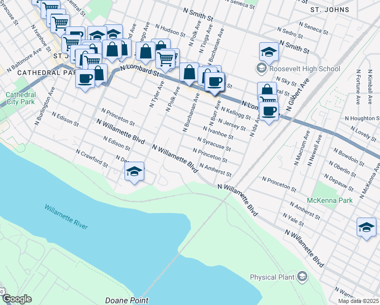 map of restaurants, bars, coffee shops, grocery stores, and more near 7106 North Buchanan Avenue in Portland