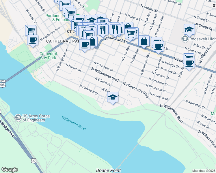 map of restaurants, bars, coffee shops, grocery stores, and more near 7804 North Willamette Boulevard in Portland