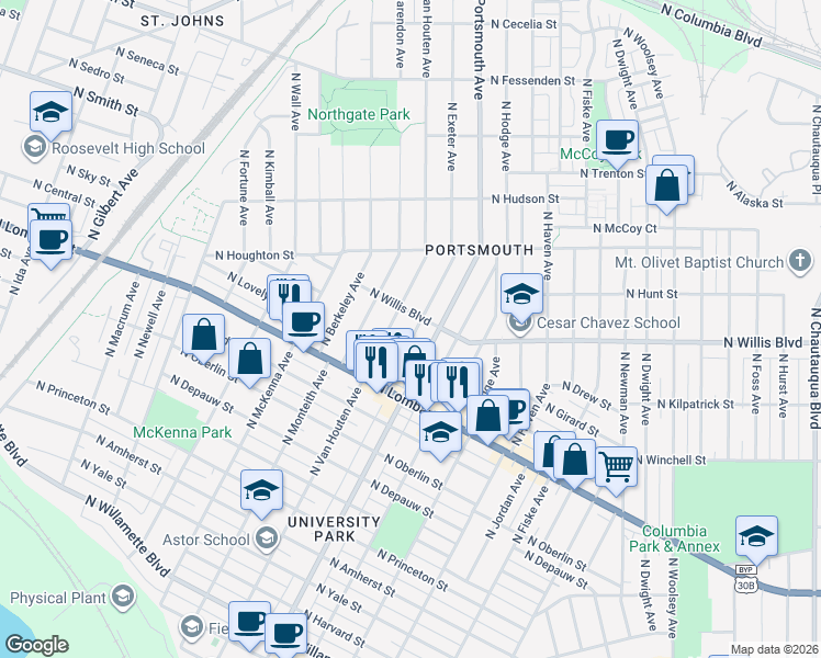 map of restaurants, bars, coffee shops, grocery stores, and more near 7915 North Exeter Avenue in Portland