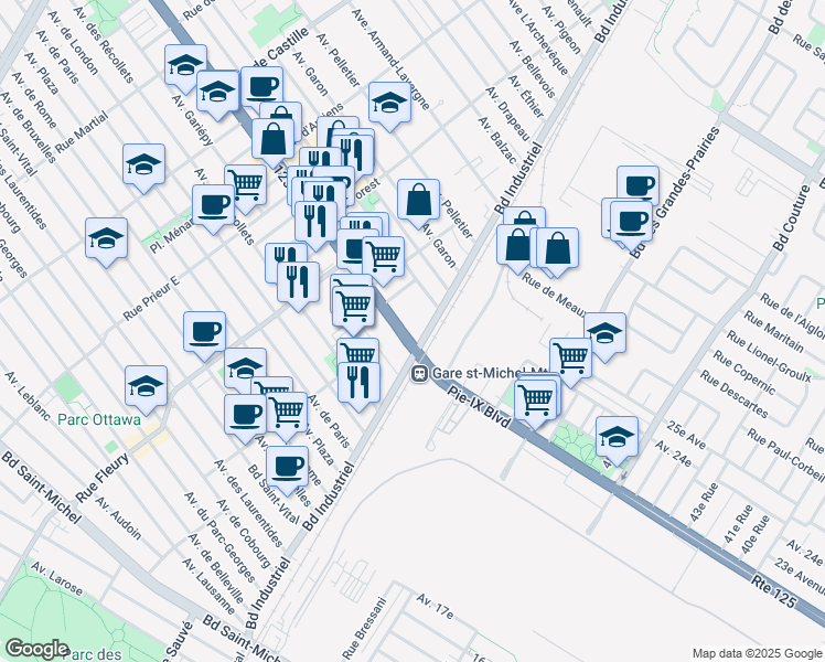 map of restaurants, bars, coffee shops, grocery stores, and more near 10011 Boulevard Pie-IX in Montréal