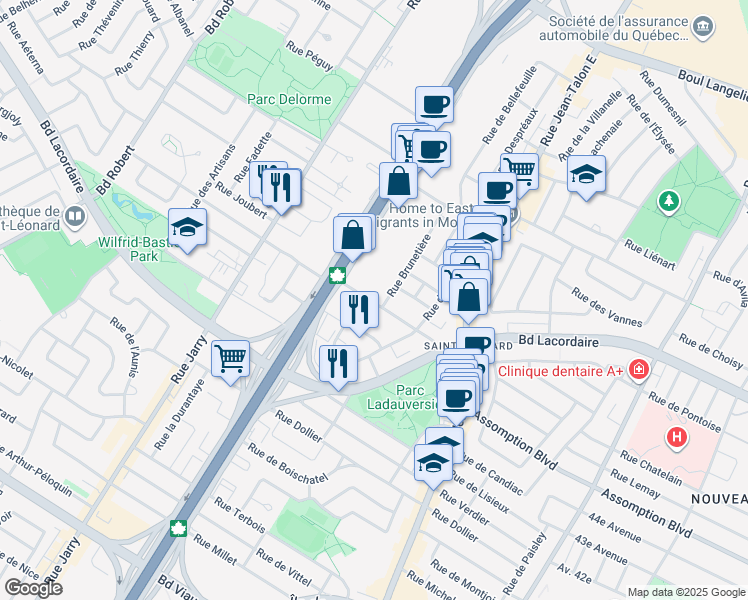 map of restaurants, bars, coffee shops, grocery stores, and more near 7705 Rue du Mans in Montréal