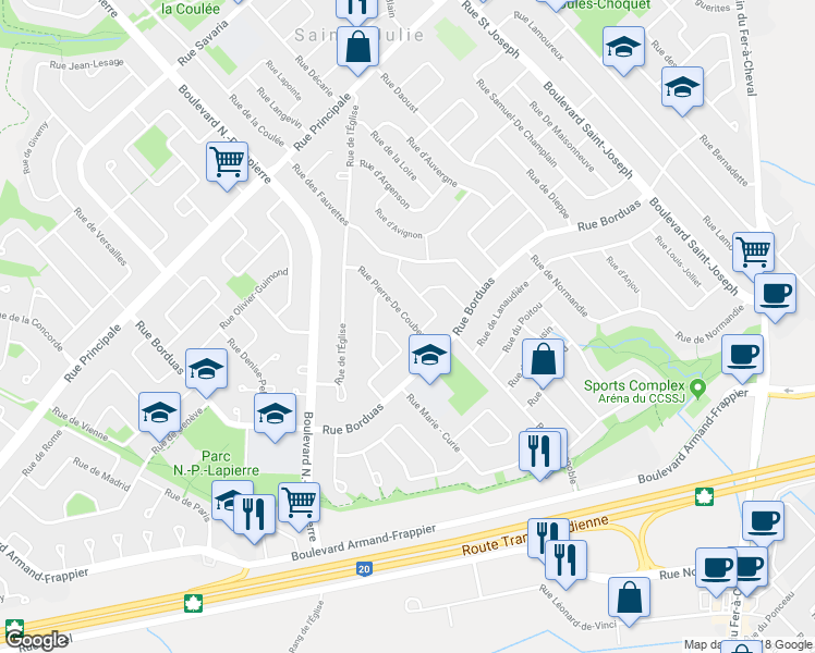 map of restaurants, bars, coffee shops, grocery stores, and more near 426 Rue Pierre-De Coubertin in Sainte-Julie