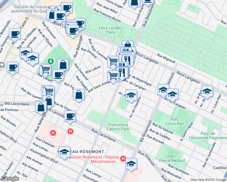 map of restaurants, bars, coffee shops, grocery stores, and more near 6275 Rue Beaubien Est in Montréal