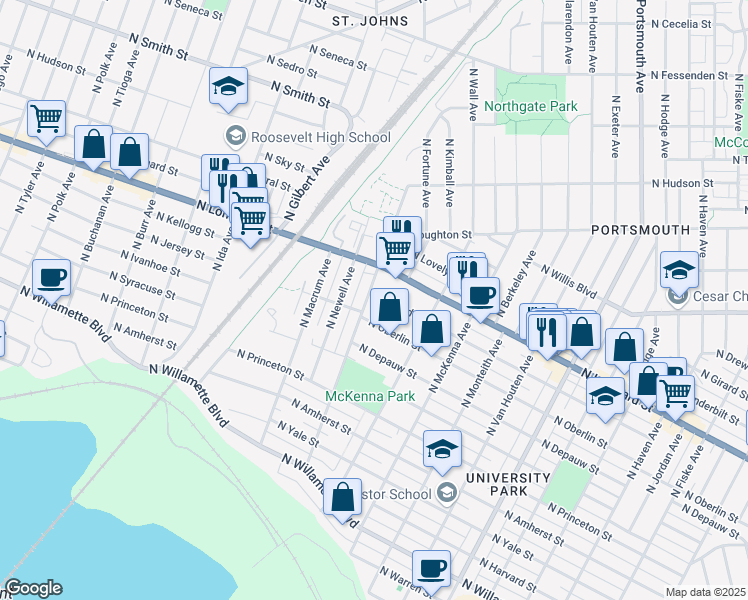 map of restaurants, bars, coffee shops, grocery stores, and more near 6354 North Bowdoin Street in Portland