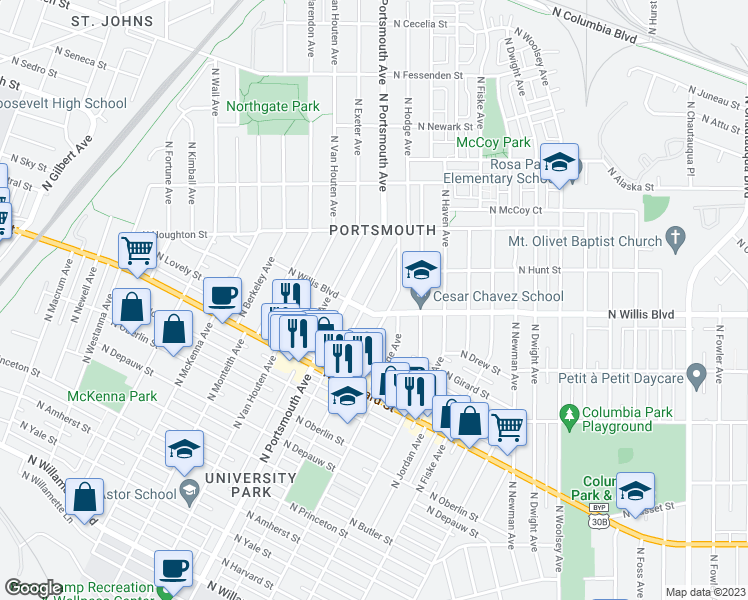 map of restaurants, bars, coffee shops, grocery stores, and more near 8122 North Gloucester Avenue in Portland