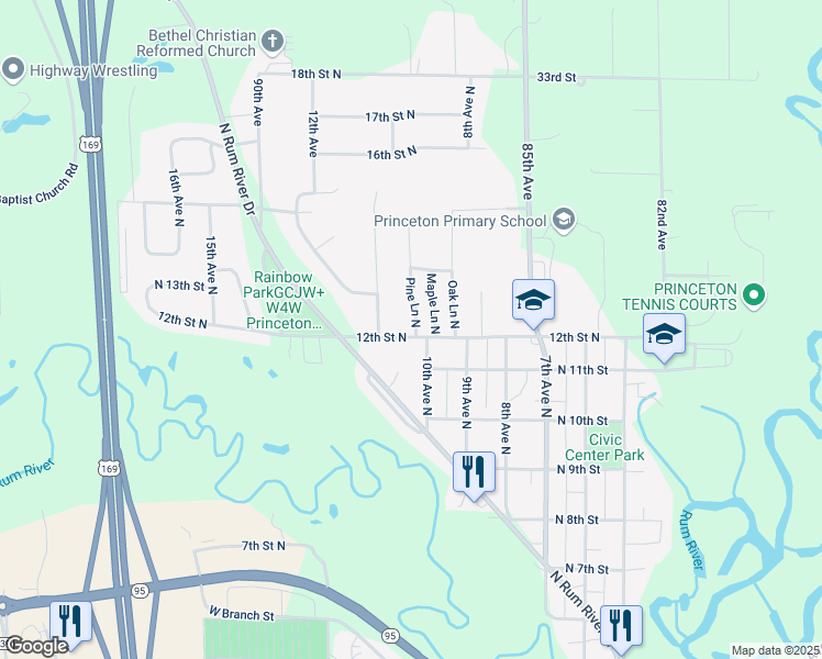 map of restaurants, bars, coffee shops, grocery stores, and more near 1218 Pine Lane North in Princeton