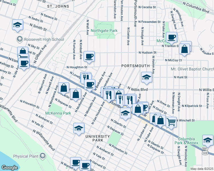 map of restaurants, bars, coffee shops, grocery stores, and more near 7915 North Clarendon Avenue in Portland