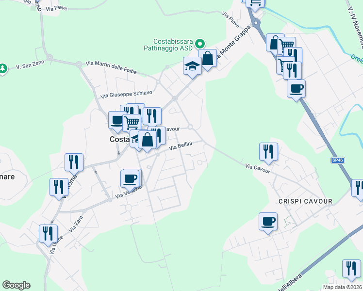 map of restaurants, bars, coffee shops, grocery stores, and more near 6/D Via Bellini in Costabissara