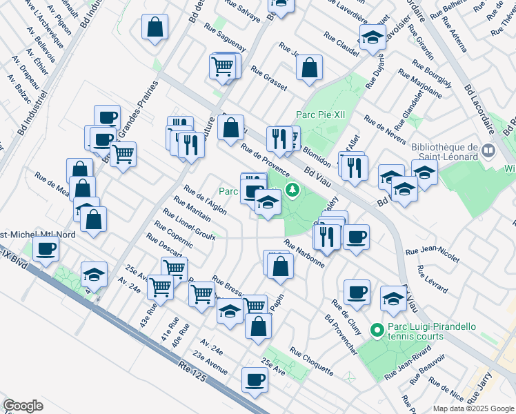 map of restaurants, bars, coffee shops, grocery stores, and more near 4719 Boulevard Lavoisier in Montreal