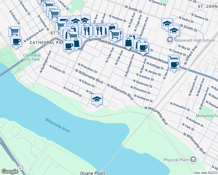 map of restaurants, bars, coffee shops, grocery stores, and more near 7721 North Willamette Boulevard in Portland