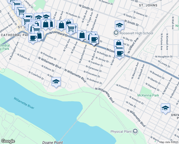 map of restaurants, bars, coffee shops, grocery stores, and more near 7235 North Princeton Street in Portland