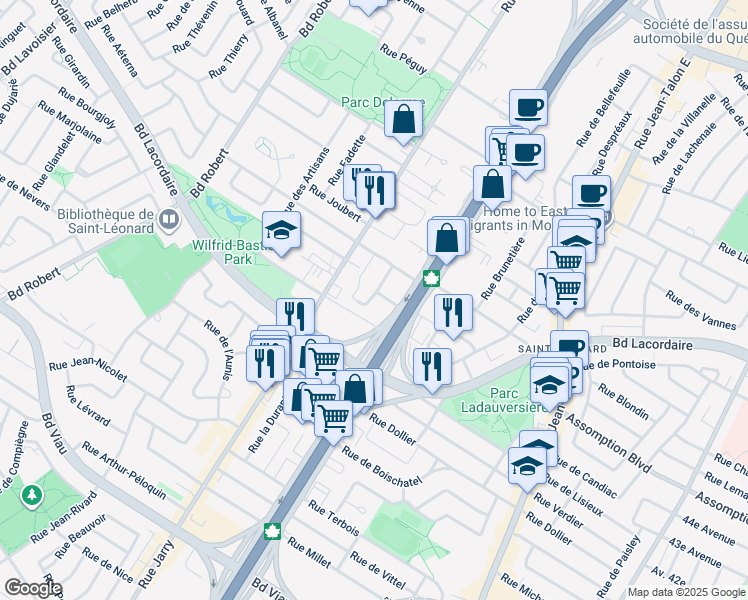 map of restaurants, bars, coffee shops, grocery stores, and more near 5502 Rue de San-Remo in Montréal