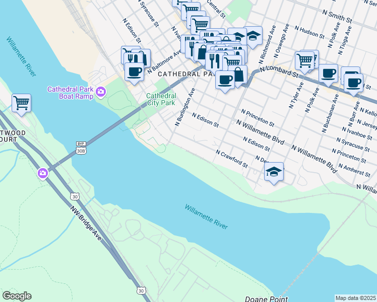 map of restaurants, bars, coffee shops, grocery stores, and more near 8424 North Crawford Street in Portland