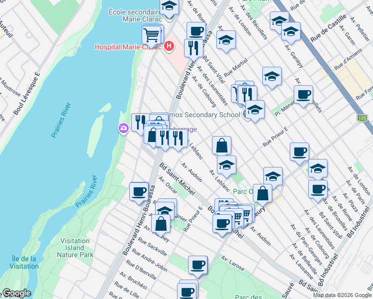 map of restaurants, bars, coffee shops, grocery stores, and more near 3319 Rue Monselet in Montréal