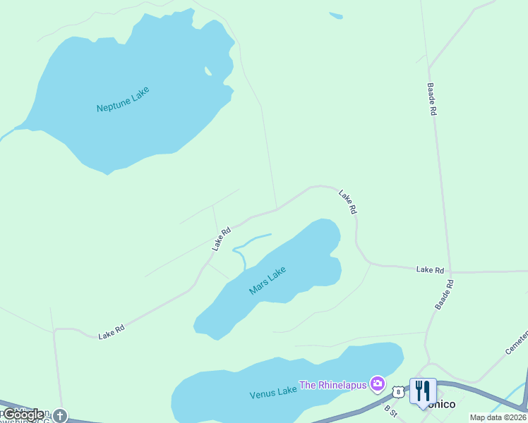map of restaurants, bars, coffee shops, grocery stores, and more near 2575 Neptune Lake Road in Monico