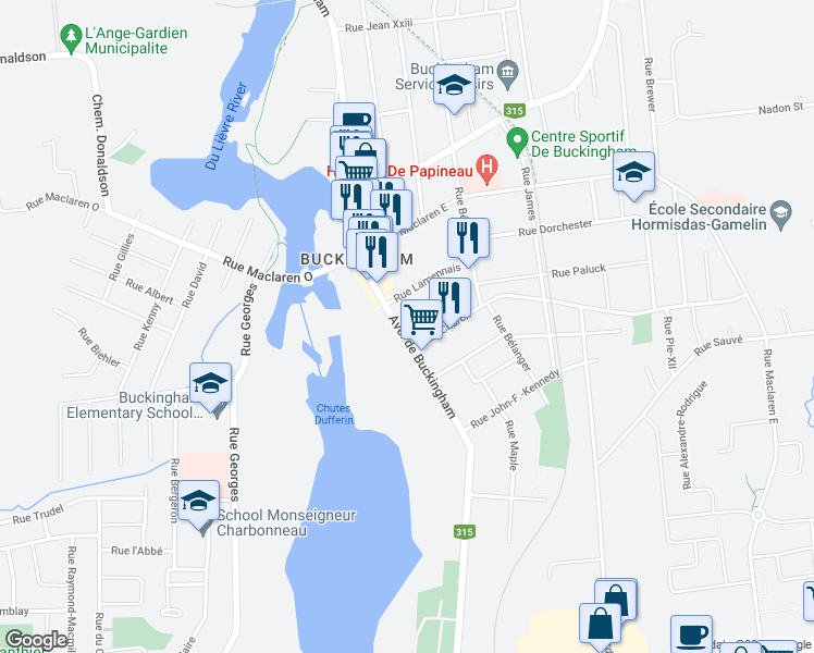 map of restaurants, bars, coffee shops, grocery stores, and more near 582 Avenue de Buckingham in Gatineau