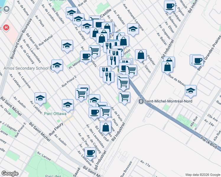 map of restaurants, bars, coffee shops, grocery stores, and more near 10280 Avenue des Récollets in Montréal