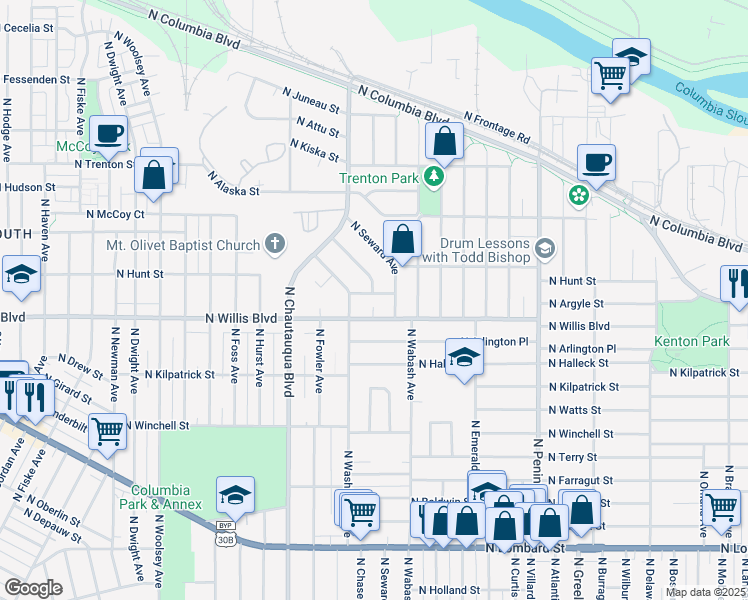 map of restaurants, bars, coffee shops, grocery stores, and more near 3707 North Argyle Street in Portland