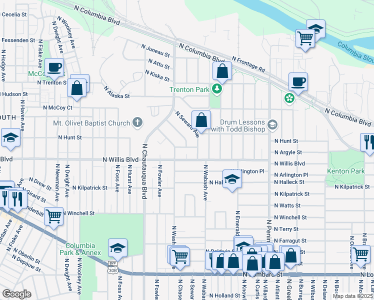 map of restaurants, bars, coffee shops, grocery stores, and more near 3707 North Argyle Street in Portland