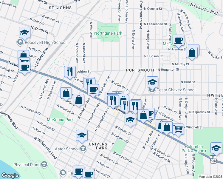 map of restaurants, bars, coffee shops, grocery stores, and more near 7915 North Clarendon Avenue in Portland
