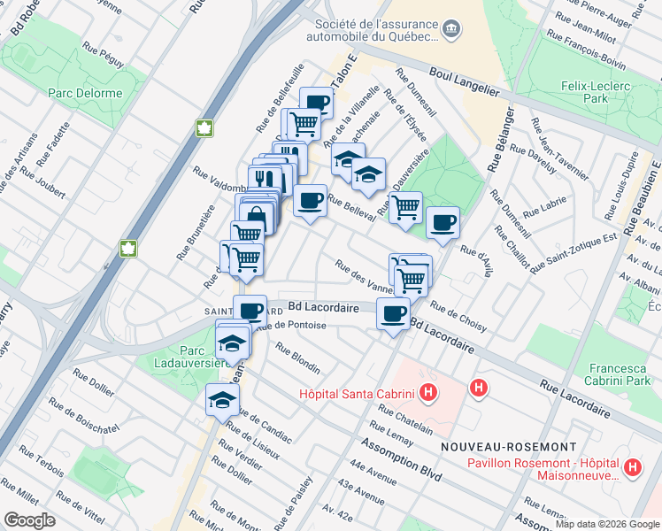 map of restaurants, bars, coffee shops, grocery stores, and more near 7262 Rue des Vannes in Montréal