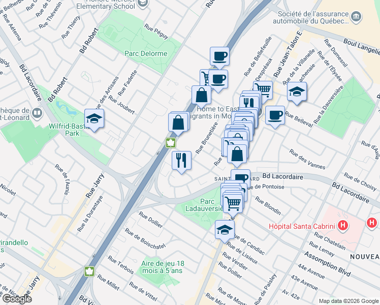 map of restaurants, bars, coffee shops, grocery stores, and more near 7705 Rue du Mans in Montréal