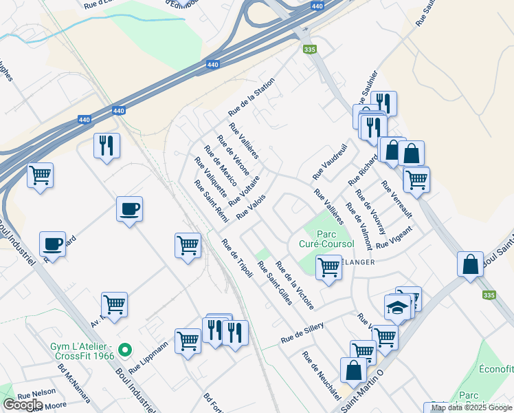 map of restaurants, bars, coffee shops, grocery stores, and more near 384 Rue Valois in Laval