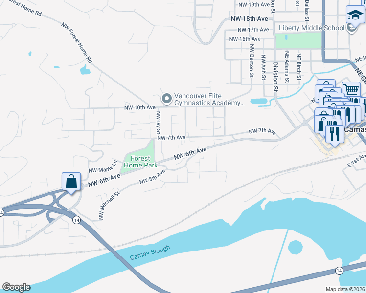 map of restaurants, bars, coffee shops, grocery stores, and more near 810 Northwest 7th Avenue in Camas