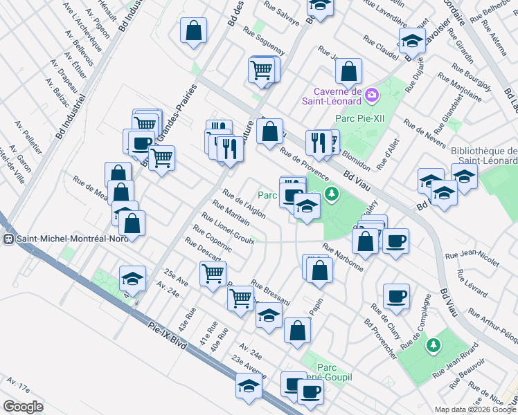 map of restaurants, bars, coffee shops, grocery stores, and more near 8999 Rue de l'Aiglon in Montréal