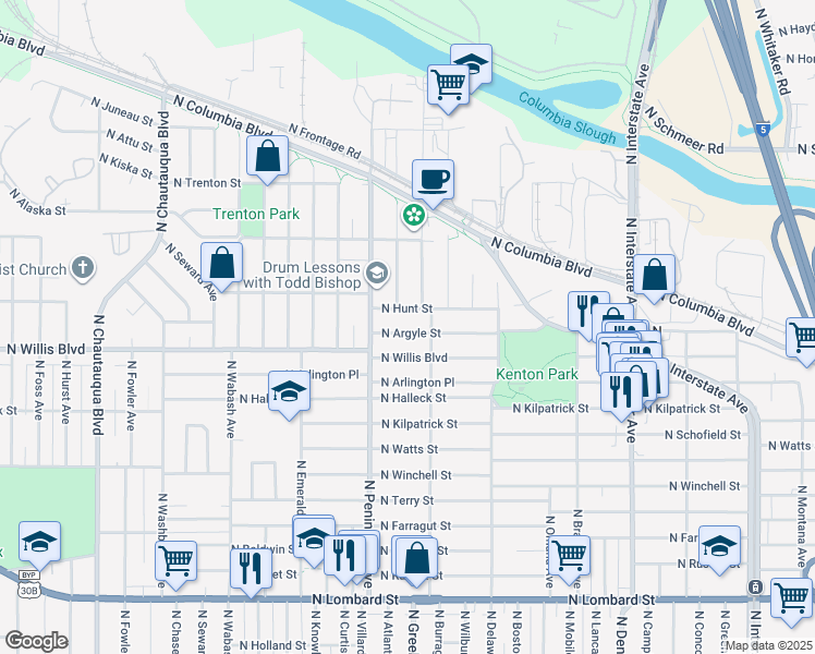 map of restaurants, bars, coffee shops, grocery stores, and more near 2813 North Argyle Street in Portland