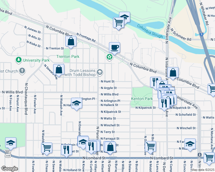map of restaurants, bars, coffee shops, grocery stores, and more near 2813 North Argyle Street in Portland