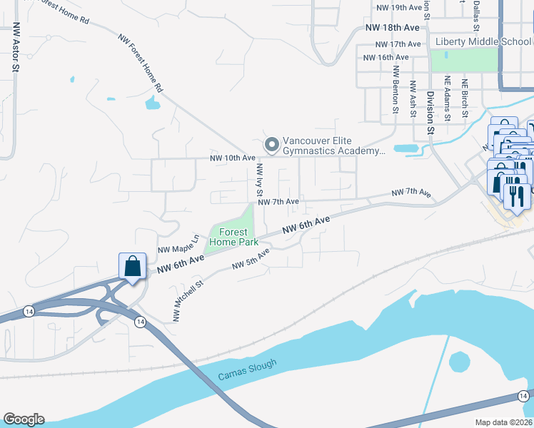 map of restaurants, bars, coffee shops, grocery stores, and more near 940 Northwest 7th Avenue in Camas