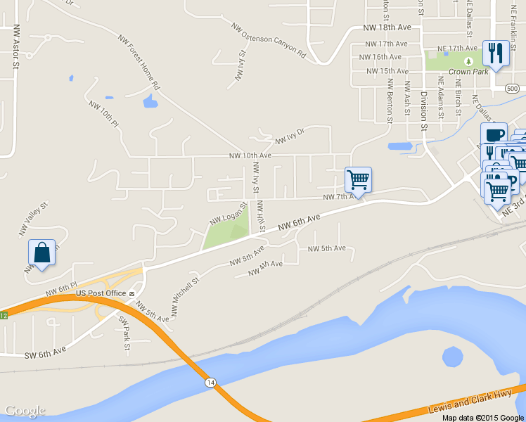 map of restaurants, bars, coffee shops, grocery stores, and more near 940 Northwest 7th Avenue in Camas