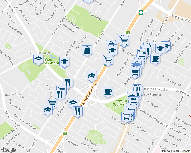 map of restaurants, bars, coffee shops, grocery stores, and more near 5515 Boulevard Métropolitain Est in Montreal
