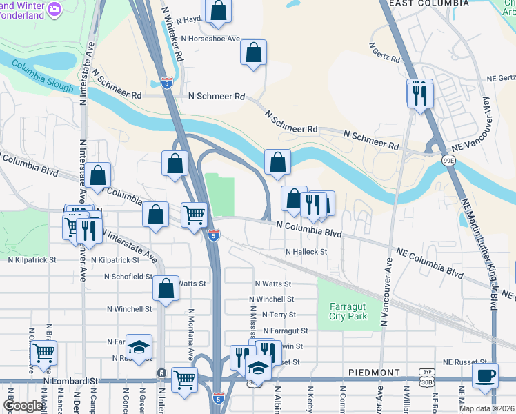 map of restaurants, bars, coffee shops, grocery stores, and more near 901 North Columbia Boulevard in Portland