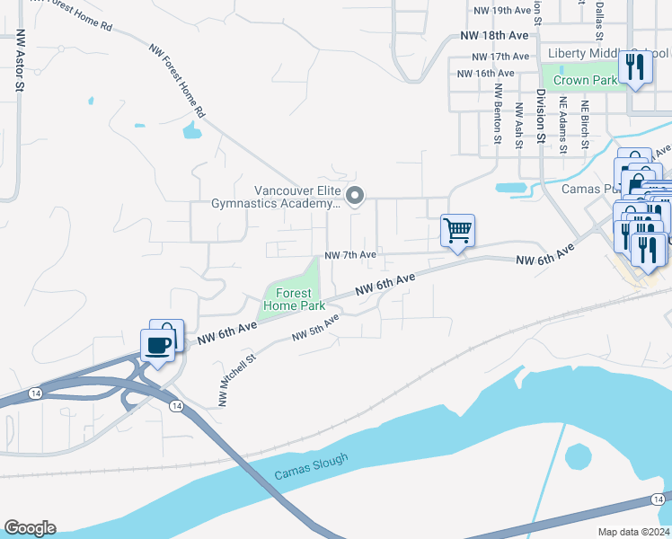 map of restaurants, bars, coffee shops, grocery stores, and more near 940 Northwest 7th Avenue in Camas