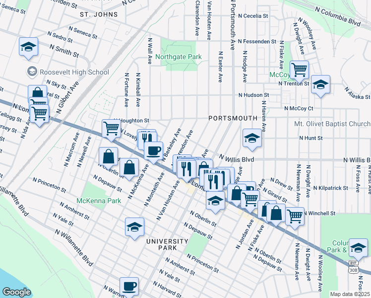 map of restaurants, bars, coffee shops, grocery stores, and more near 7915 North Clarendon Avenue in Portland