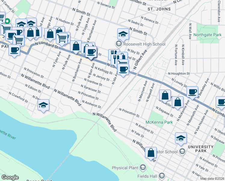 map of restaurants, bars, coffee shops, grocery stores, and more near 7220 North Ida Avenue in Portland