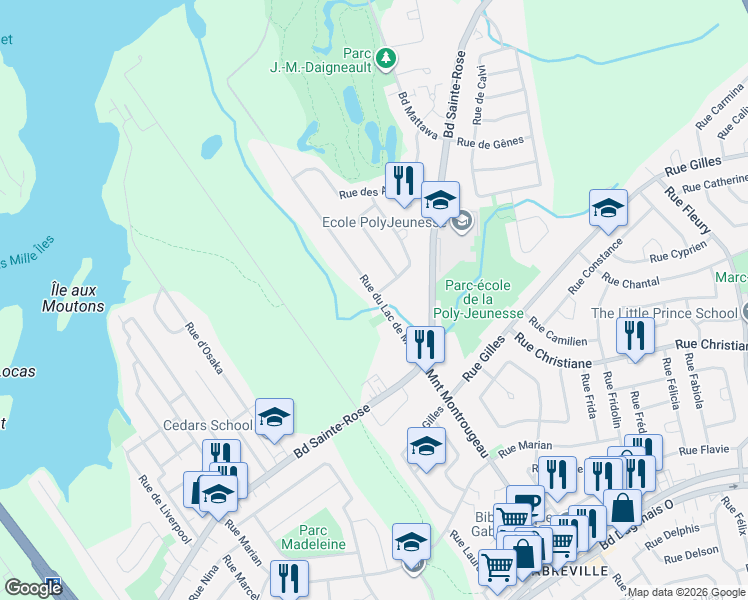 map of restaurants, bars, coffee shops, grocery stores, and more near 1040 Rue du Lac de Mai in Laval