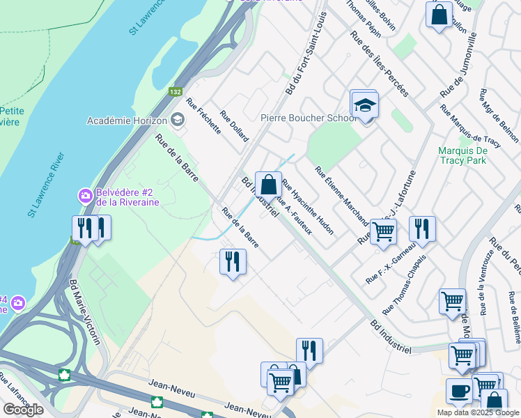 map of restaurants, bars, coffee shops, grocery stores, and more near 100 Boulevard Industriel in Boucherville