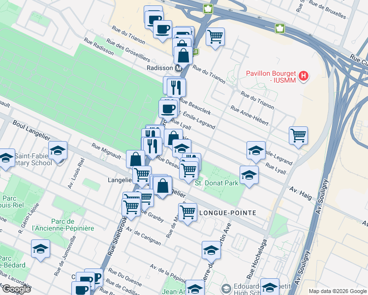 map of restaurants, bars, coffee shops, grocery stores, and more near 3153 Rue Arcand in Montréal