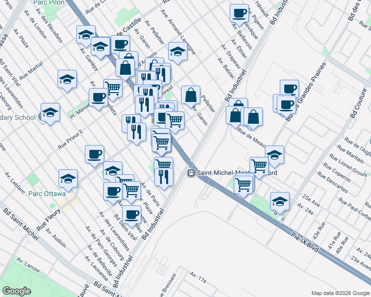 map of restaurants, bars, coffee shops, grocery stores, and more near 10007 Boulevard Pie-IX in Montréal
