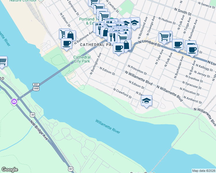 map of restaurants, bars, coffee shops, grocery stores, and more near 8301 North Crawford Street in Portland
